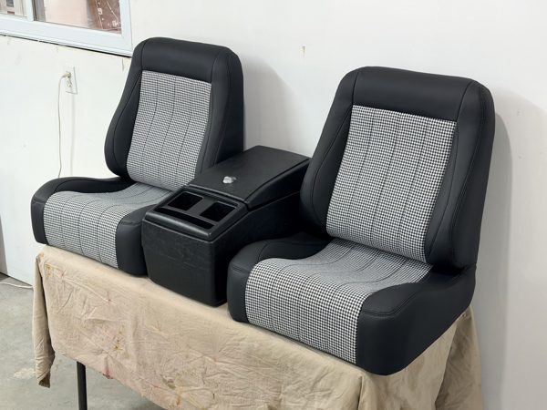 Grey and black seats with centre console