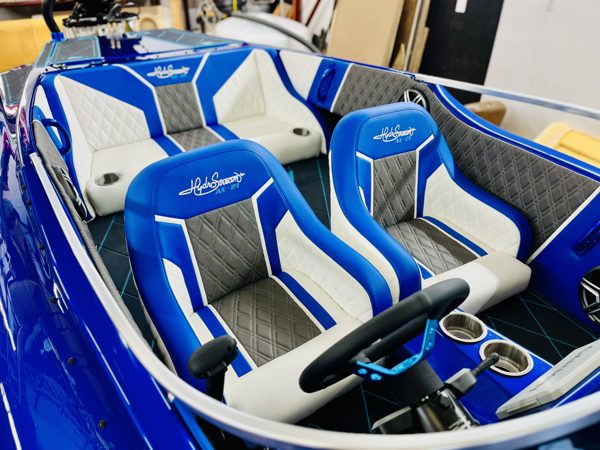 Blue and white marine seats
