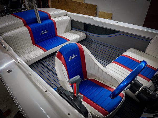 Blue, red and white boat upholstery
