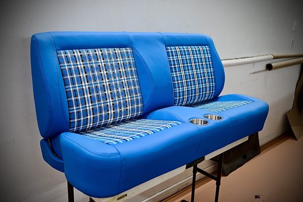 Blue and plaid bench seat