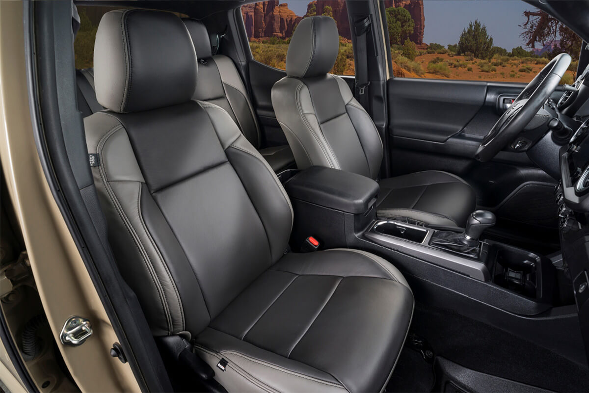 Toyota Tacoma interior with Katzkin leather-trimmed seating